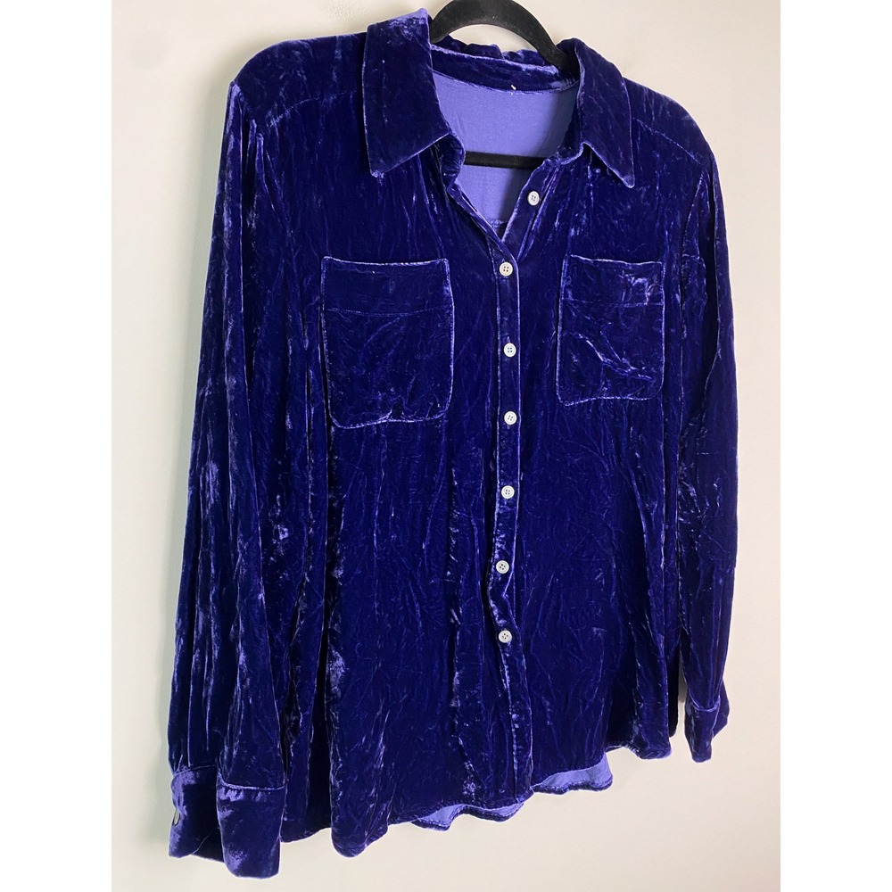 Sundance Womens Velvet Button Up Shirt L Blue Purple Silk Whimsigoth Boho - Picture 2 of 8